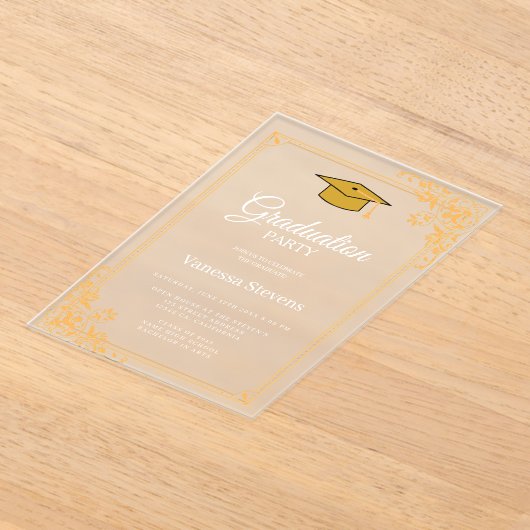 Gold Classic Graduation Cap Party Acryl Uitnodigingen (Laagn)