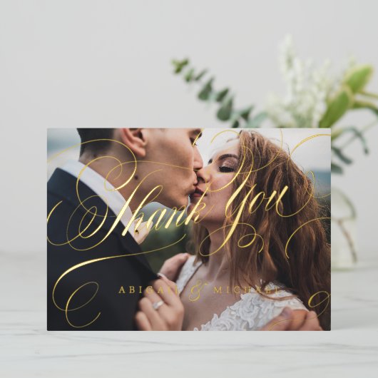 Gold classic kalligrafie foto  bedankt folie uitnodiging (Staand Voorkant)