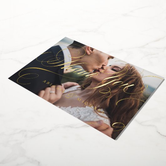 Gold classic kalligrafie foto  bedankt folie uitnodiging (Gedraaid)