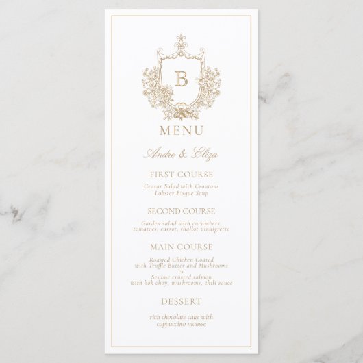 Gold Classic Luxe Crest Monogram Trouwmenu Menu (Voorkant)