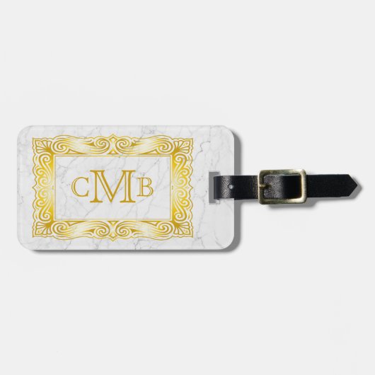 Gold Classic Monogram Elegant Lijst White marble Bagagelabel (Voorkant horizontaal)