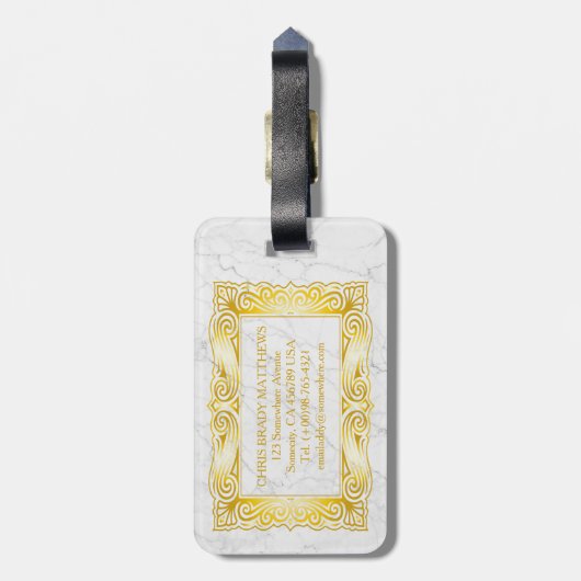 Gold Classic Monogram Elegant Lijst White marble Bagagelabel (Achterkant verticaal)