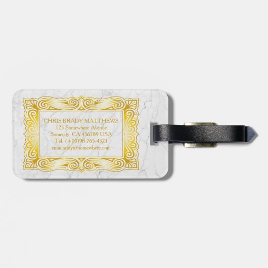 Gold Classic Monogram Elegant Lijst White marble Bagagelabel (Achterkant horizontaal)