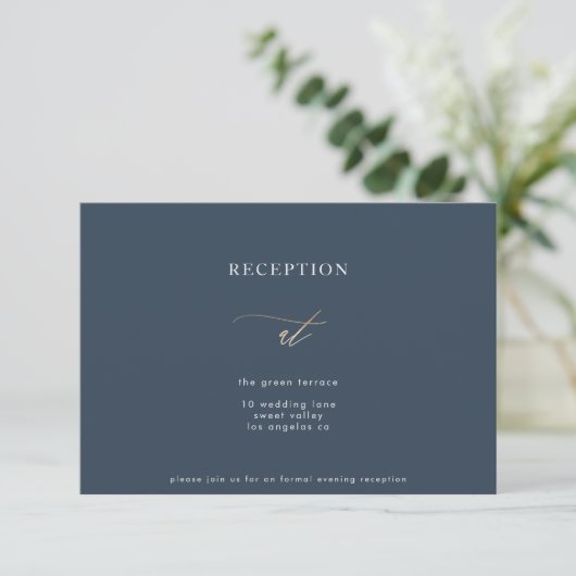 Gold Classic Navy Blue Calligraphy Reception Kaart (Staand voorkant)
