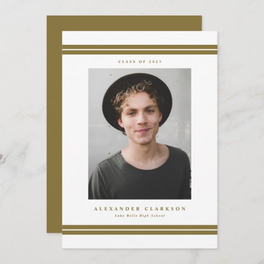 Gold Classic Stripes Modern Photo Afstuderen Aankondiging (Voorkant / Achterkant)