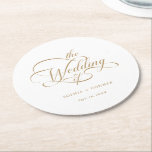 Gold Classy Calligraphy Wedding Ronde Kartonnen Onderzetter<br><div class="desc">Eenvoudig gouden en witte onderzetter van het trouwpapier is voorzien van elegante,  romantische,  wervelende kalligrafiebelettering met tekst. Voor meer geavanceerde aanpassing van dit ontwerp,  klikt u op de BLUE DESIGN TOOL BUTTON hierboven!</div>