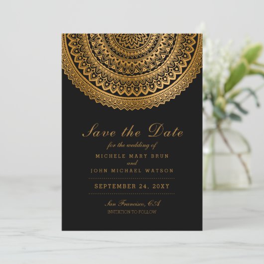 Gold Classy Mandala Black Save the Date White Kaar (Staand voorkant)