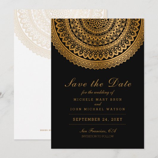 Gold Classy Mandala Black Save the Date White Kaar (Voorkant / Achterkant)
