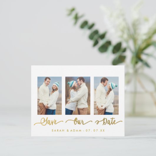 Gold Collage Foto Opslaan van de datum Briefkaart (Staand voorkant)