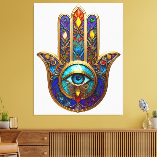 Gold Colorful Hamsa Turquoise Sapphire Third Eye  Canvas Afdruk (Insitu (Woonkamer))