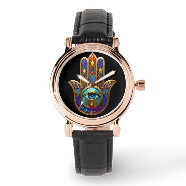 Gold Colorful Hamsa Turquoise Sapphire Third Eye  Horloge (Voorkant)