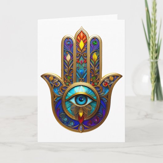 Gold Colorful Hamsa Turquoise Sapphire Third Eye  Kaart (Voorkant)
