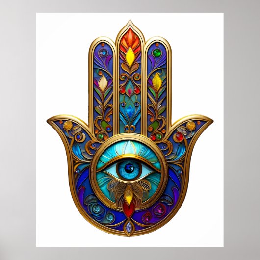 Gold Colorful Hamsa Turquoise Sapphire Third Eye  Poster (Voorkant)