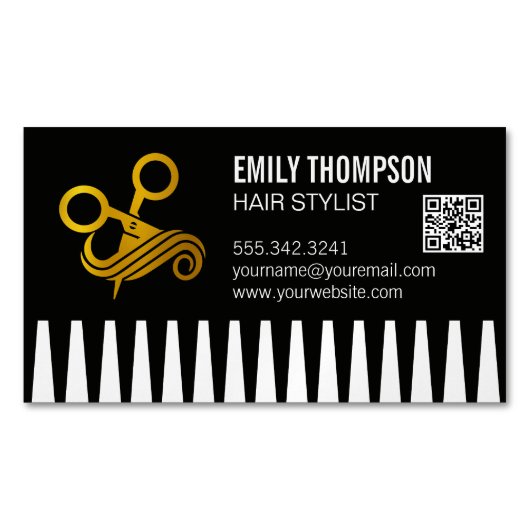 Gold Comb | Hair Stylist | QR Code Magnetisch Visitekaartje (Voorkant)