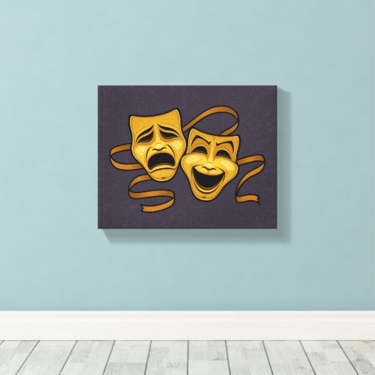 Gold Comedy en tragedie theatermaskers Canvas Afdruk (Insitu (Houten vloer))