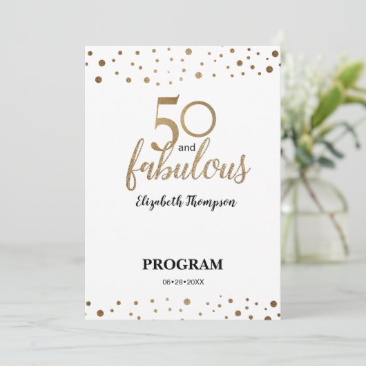 Gold Confetti 50 en geweldige Birthday Editable Programmakaart (Staand voorkant)