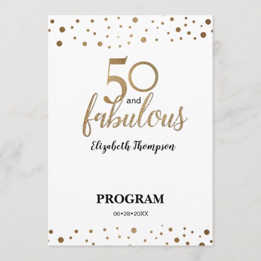 Gold Confetti 50 en geweldige Birthday Editable Programmakaart (Voorkant)