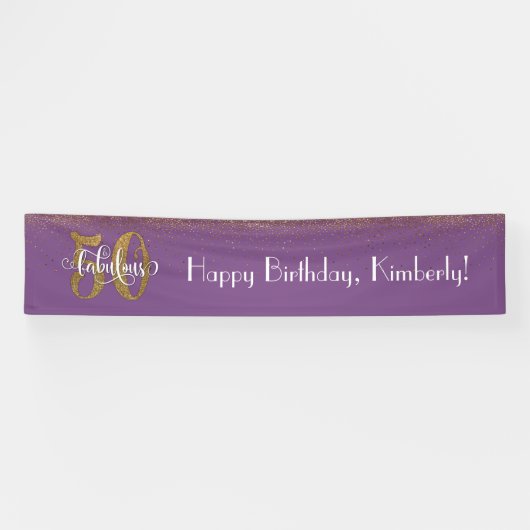 Gold Confetti 50 & Fabulous Happy Birthday, Paarse Spandoek (Horizontaal)