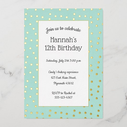 Gold confetti aquamarine verjaardagscentrum briefk folie uitnodiging (Voorkant)