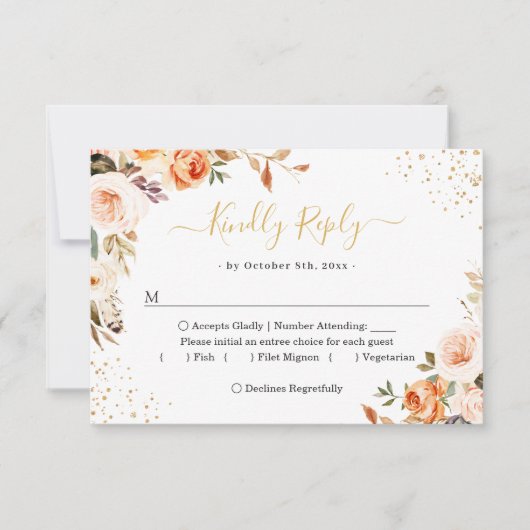 Gold Confetti Autumn Floral Leaves Wedding RSVP Kaartje (Voorkant)