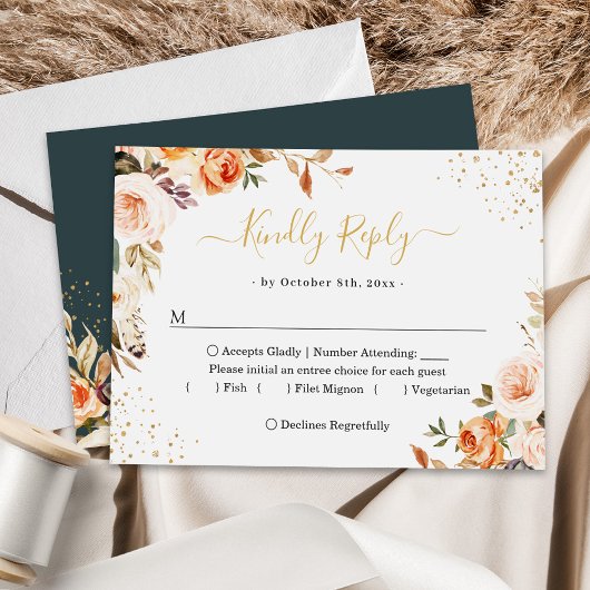 Gold Confetti Autumn Floral Leaves Wedding RSVP Kaartje