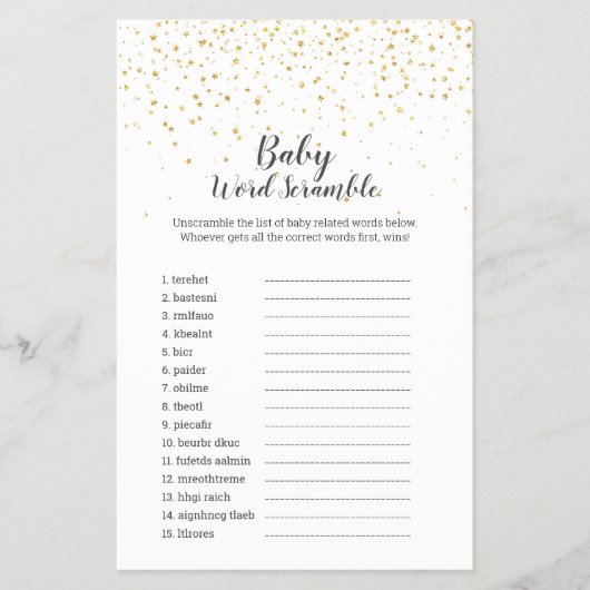 Gold Confetti Baby shower Baby Word Scramble Game Flyer (Voorkant)