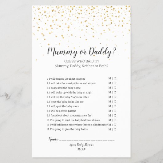 Gold Confetti Baby shower Mummy of papa Game Flyer (Voorkant)