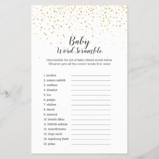 Gold Confetti Baby shower UK Baby Word Scramble Flyer (Voorkant)