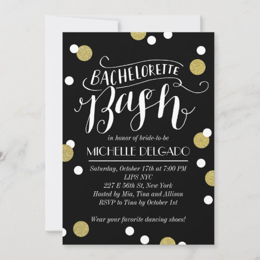 Gold Confetti Bash | Bachelorette Party Kaart (Voorkant)