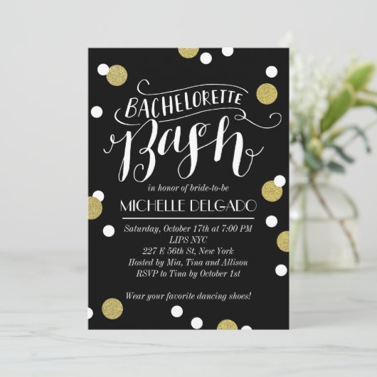 Gold Confetti Bash | Bachelorette Party Kaart (Staand voorkant)