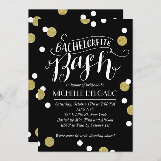 Gold Confetti Bash | Bachelorette Party Kaart (Voorkant / Achterkant)