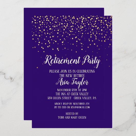 Gold Confetti bij Paarse Pensioenpartij Gold Folie Uitnodiging (Voorkant / Achterkant)