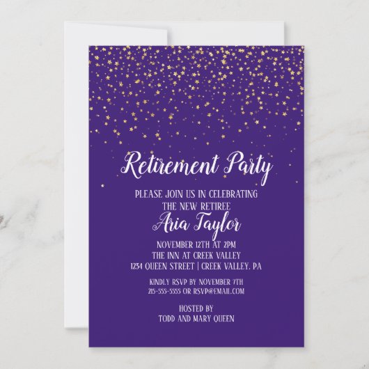 Gold Confetti bij uitnodiging tot Paarse uittredin (Voorkant)