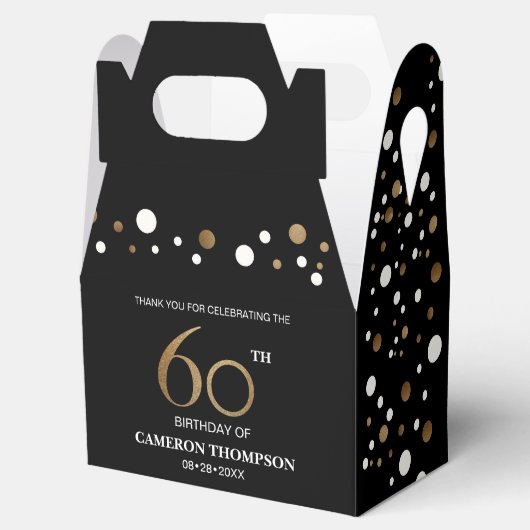 Gold Confetti Black 60e verjaardag Bedankdoosjes (Geopend)