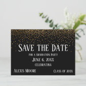 Gold Confetti Black Graduation Party Save the Date (Staand voorkant)
