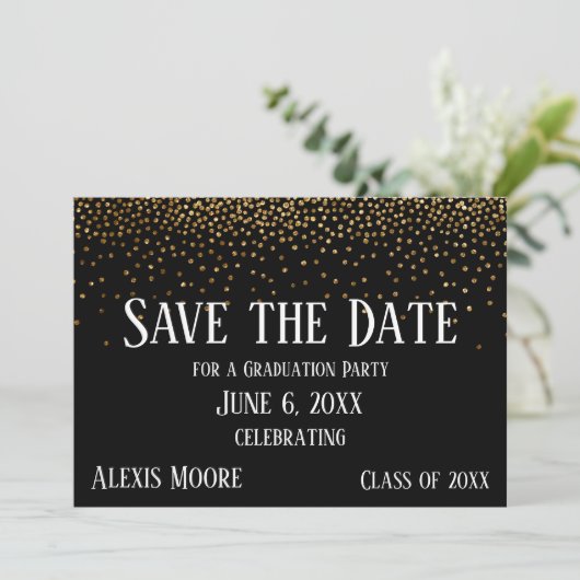 Gold Confetti Black Graduation Party Save the Date (Staand voorkant)