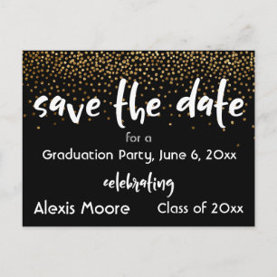 Gold Confetti Black Graduation Party Save the Date Aankondigingskaart