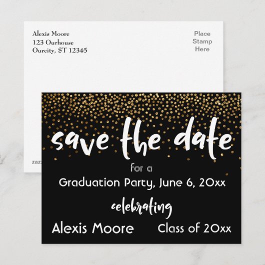 Gold Confetti Black Graduation Party Save the Date Aankondigingskaart (Voorkant / Achterkant)