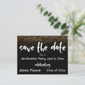 Gold Confetti Black Graduation Party Save the Date Aankondigingskaart (Staand voorkant)