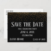 Gold Confetti Black Graduation Party Save the Date Briefkaart (Voorkant / Achterkant)