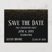Gold Confetti Black Graduation Party Save the Date Briefkaart (Voorkant)
