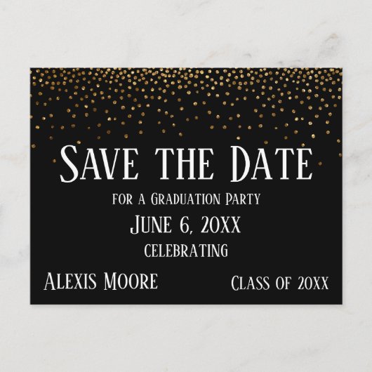Gold Confetti Black Graduation Party Save the Date Briefkaart (Voorkant)