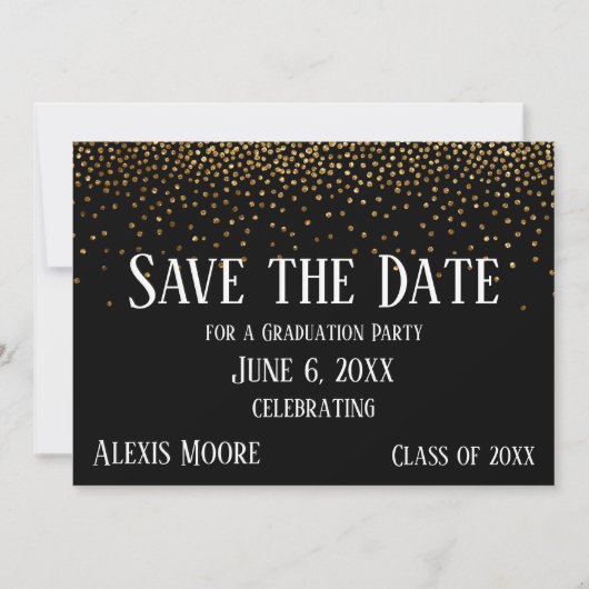 Gold Confetti Black Graduation Party Save the Date Kaart (Voorkant)