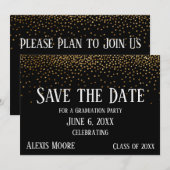 Gold Confetti Black Graduation Party Save the Date Kaart (Voorkant / Achterkant)