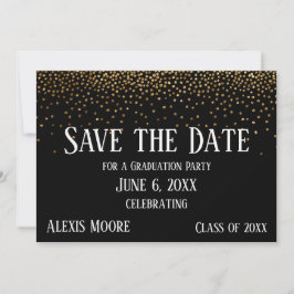 Gold Confetti Black Graduation Party Save the Date Kaart