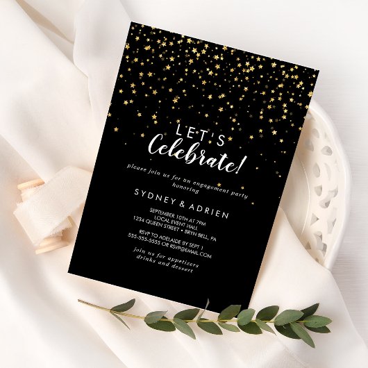 Gold Confetti | Black Let's Celebrate Party Kaart