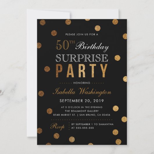 Gold Confetti & Black Surprise Birthday Party Kaart (Voorkant)
