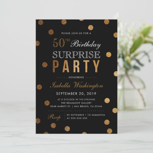 Gold Confetti & Black Surprise Birthday Party Kaart (Staand voorkant)