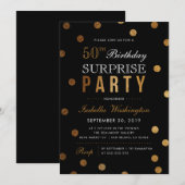 Gold Confetti & Black Surprise Birthday Party Kaart (Voorkant / Achterkant)