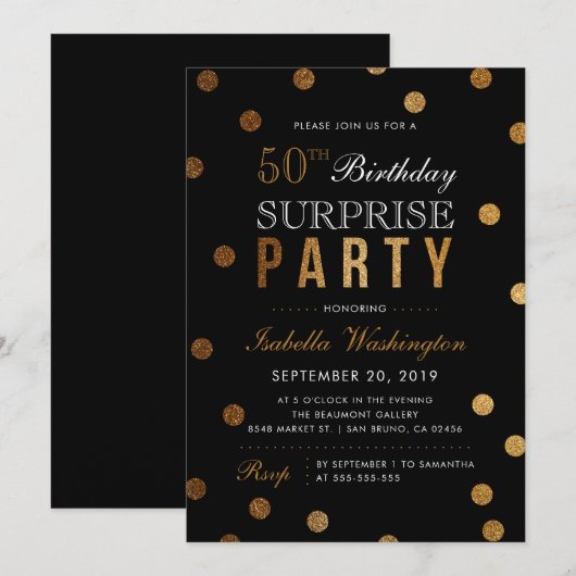 Gold Confetti & Black Surprise Birthday Party Kaart (Voorkant / Achterkant)